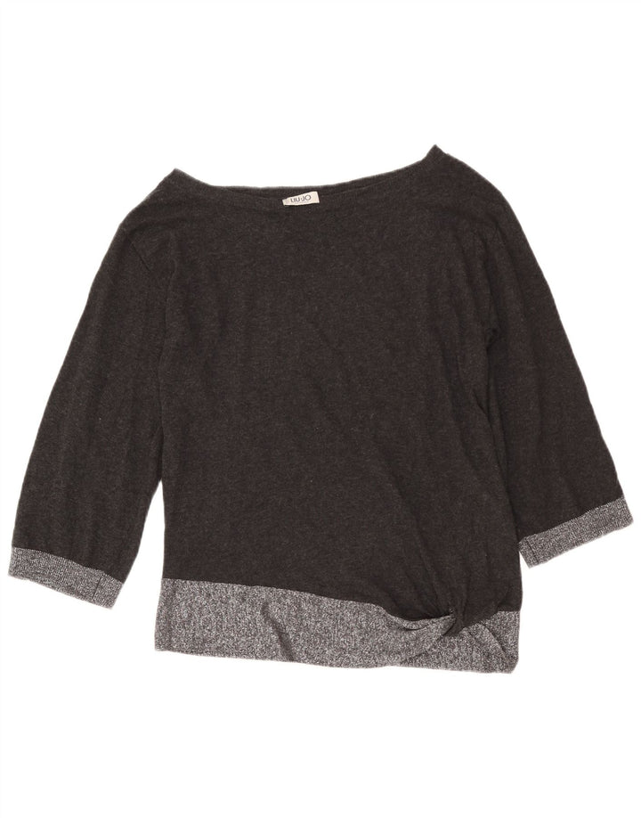 Liu Jo Suéter feminino com gola canoa e gola redonda Reino Unido 14 bloco colorido cinza médio