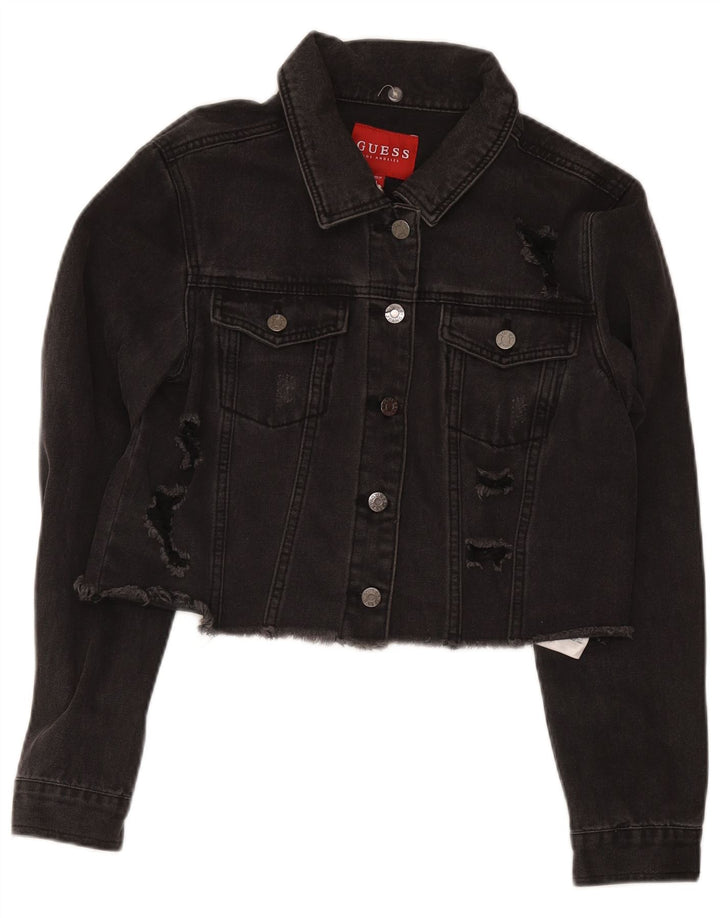 Jaqueta jeans feminina Guess com corte desgastado Reino Unido 12 algodão preto médio