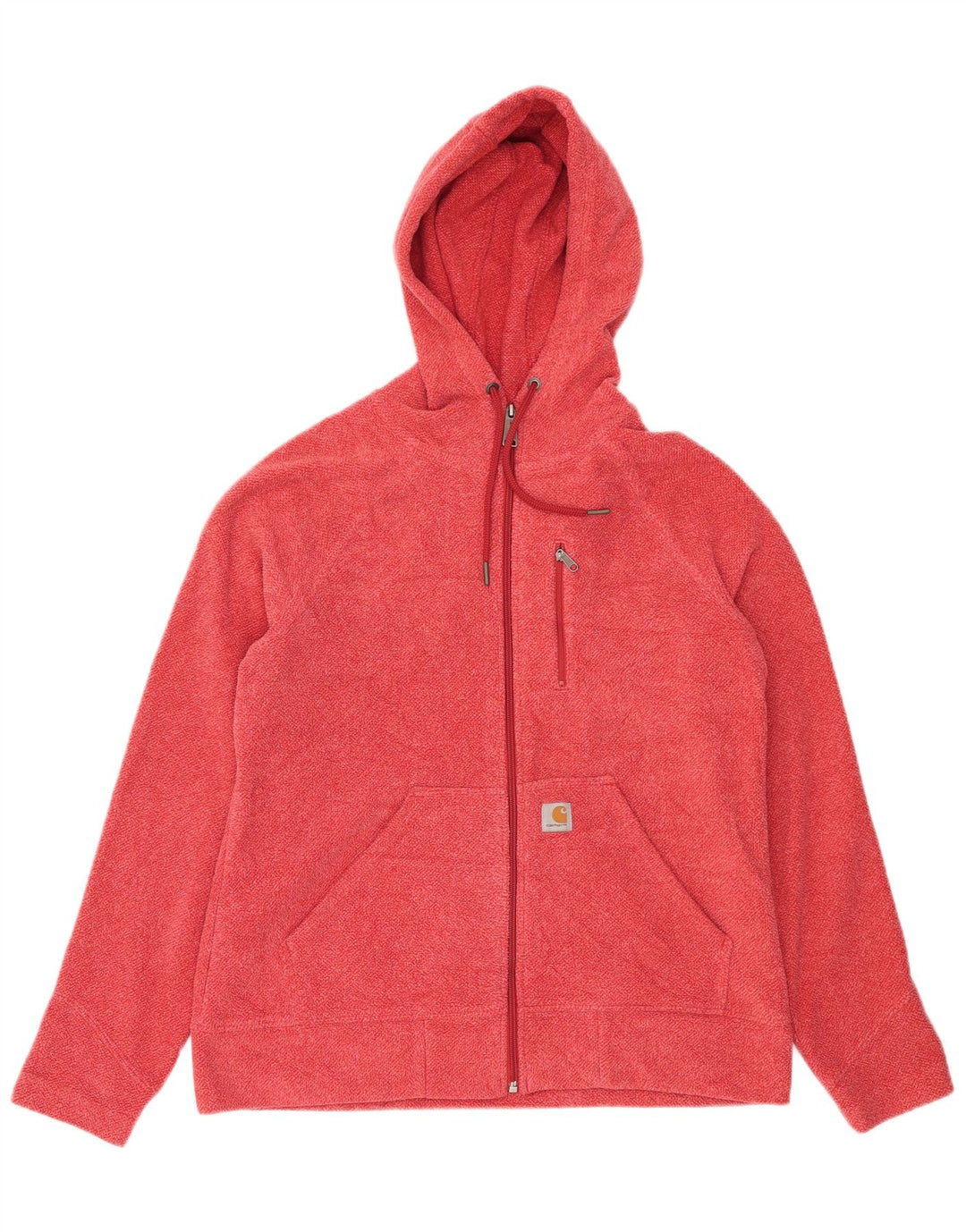 Suéter feminino com capuz e zíper Carhartt EUA 8/10 poliéster manchado vermelho médio