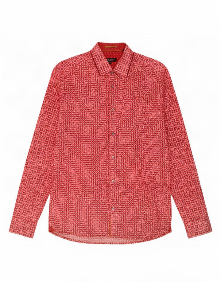 Camisa masculina Ted Baker tamanho 3 algodão geométrico vermelho médio