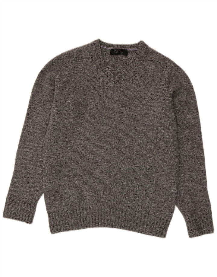 Suéter masculino Zara com decote em V de lã cinza médio