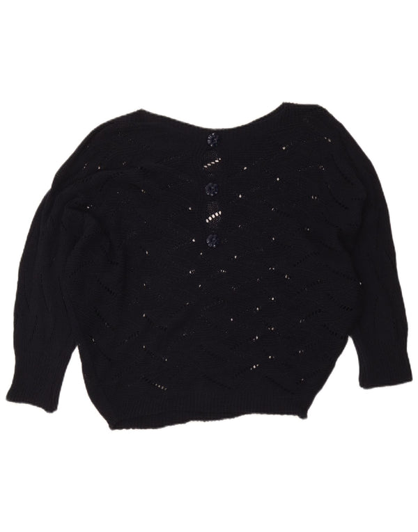 Suéter feminino vintage com gola canoa Reino Unido 16 grande viscose azul marinho