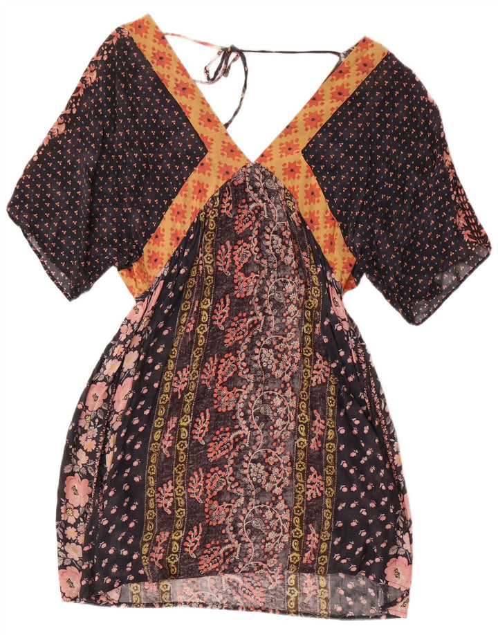 Vestido kaftan feminino Zara Reino Unido 12 médio preto floral