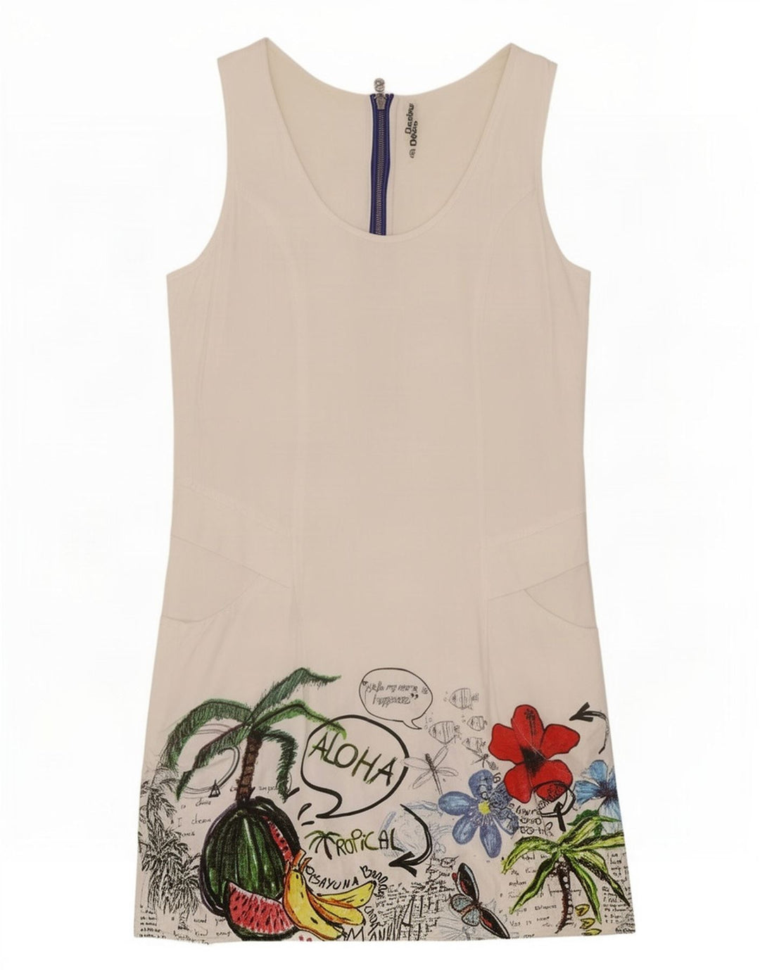 Vestido de verão feminino sem mangas Desigual EU 40 médio branco floral viscose