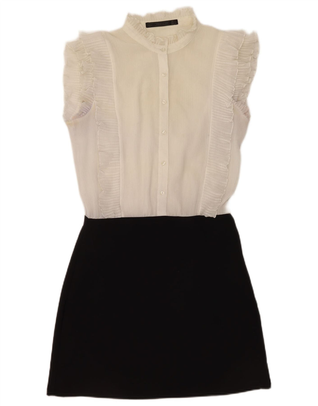 Vestido feminino Zara com babados na frente evasê UK 10 pequeno bloco colorido branco