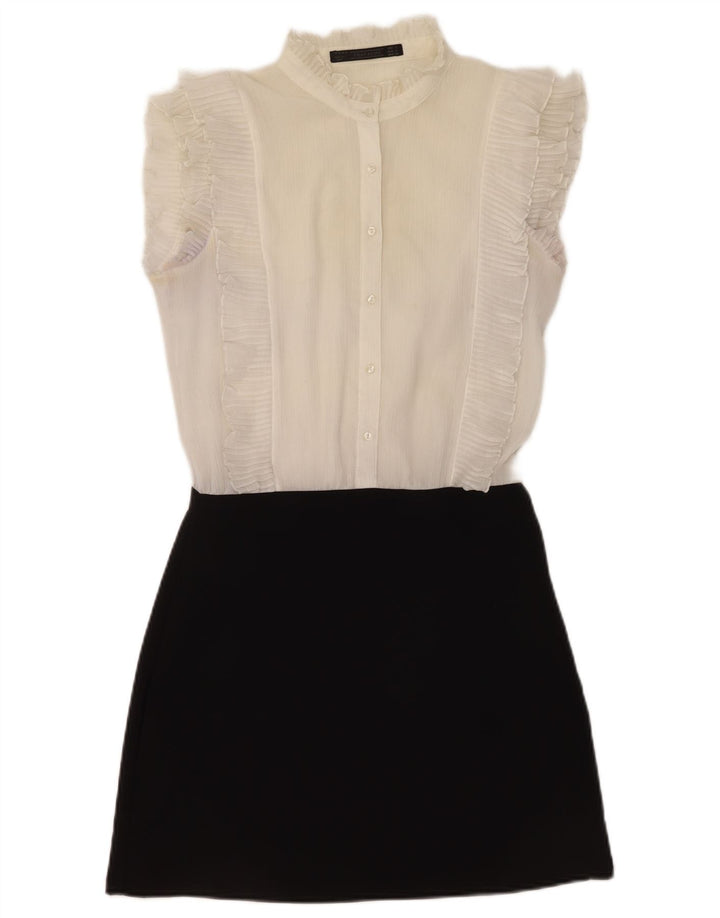 Vestido feminino Zara com babados na frente evasê UK 10 pequeno bloco colorido branco