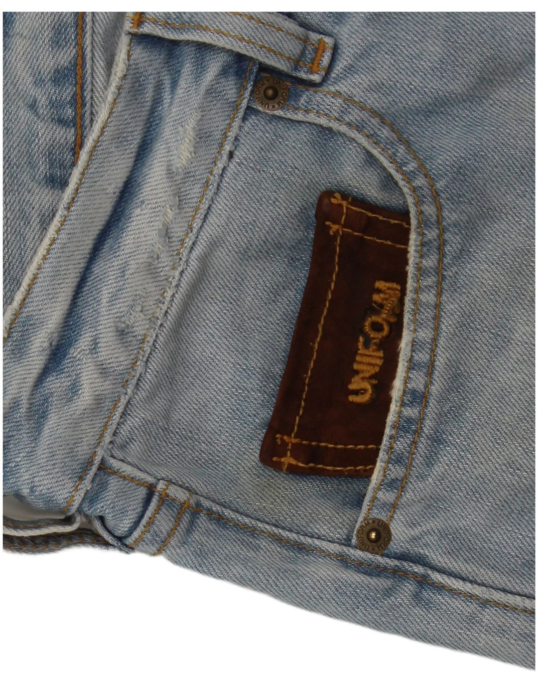 Shorts jeans angustiados masculinos uniformes W30 algodão azul médio