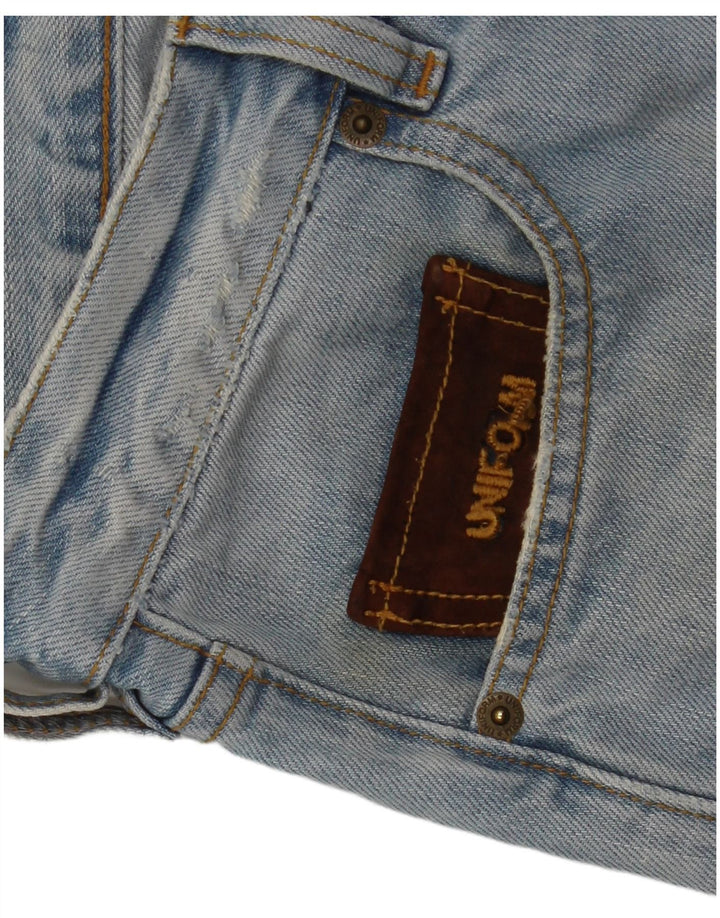 Shorts jeans angustiados masculinos uniformes W30 algodão azul médio