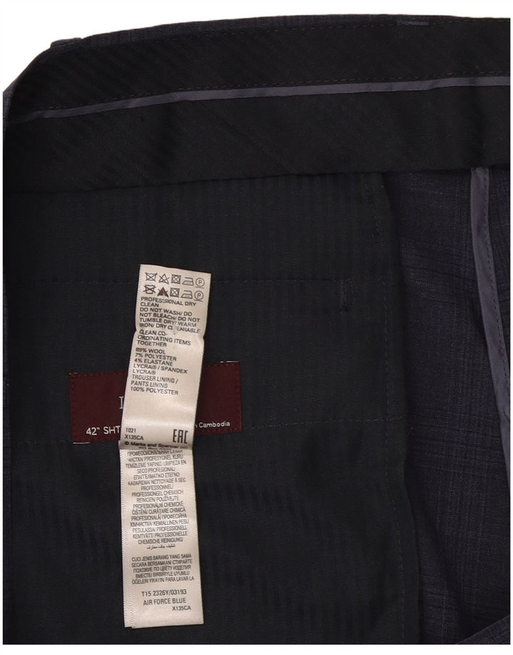 Calça masculina de terno regular Marks & Spencer W42 L29 azul marinho xadrez lã