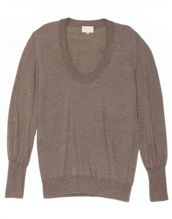Suéter feminino vintage com gola canoa Reino Unido 14 Caxemira manchada cinza grande