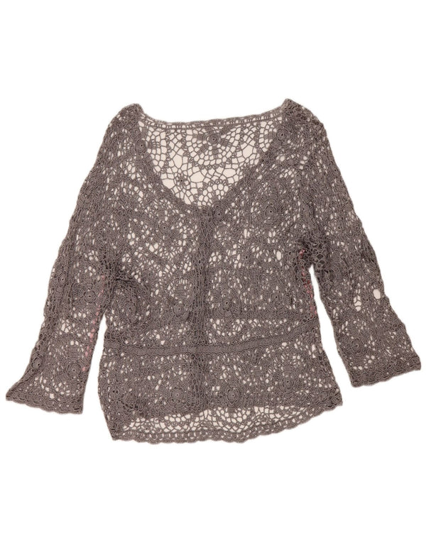 Blusa feminina de crochê com manga 3/4 Wallis Reino Unido 16 grande cinza