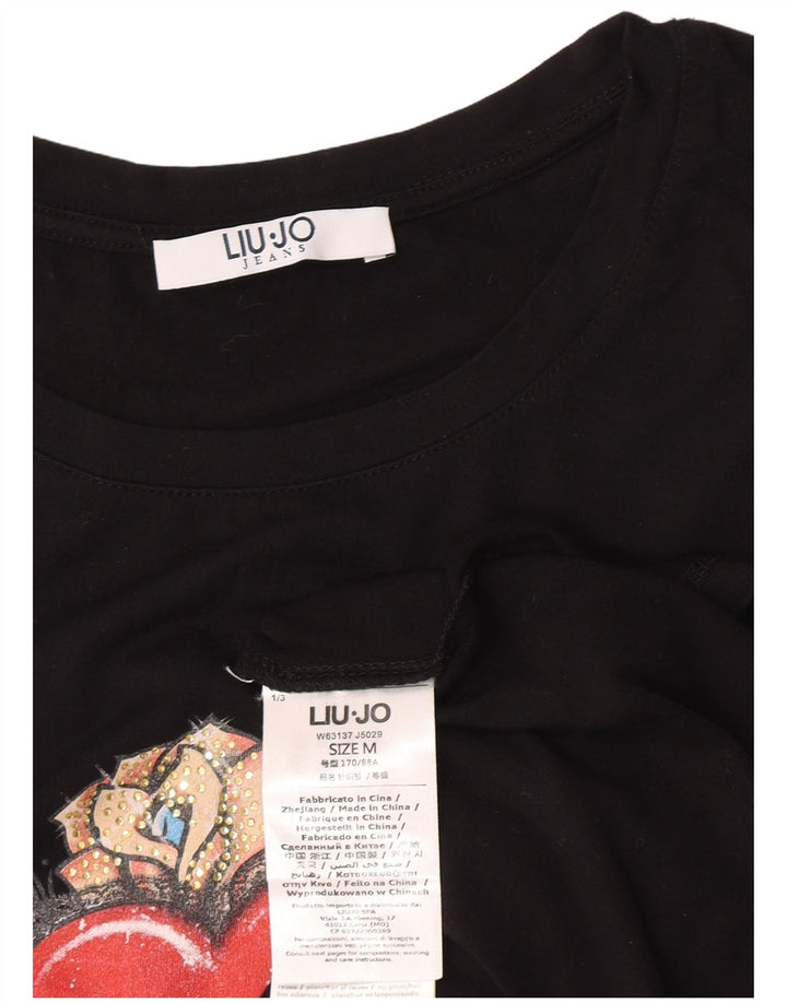 Camiseta feminina Liu Jo com estampa gráfica UK 12 viscose preta média