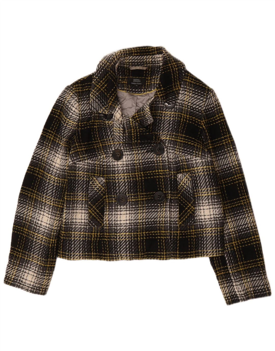 Casaco curto feminino Marks & Spencer UK 14 grande acrílico xadrez preto
