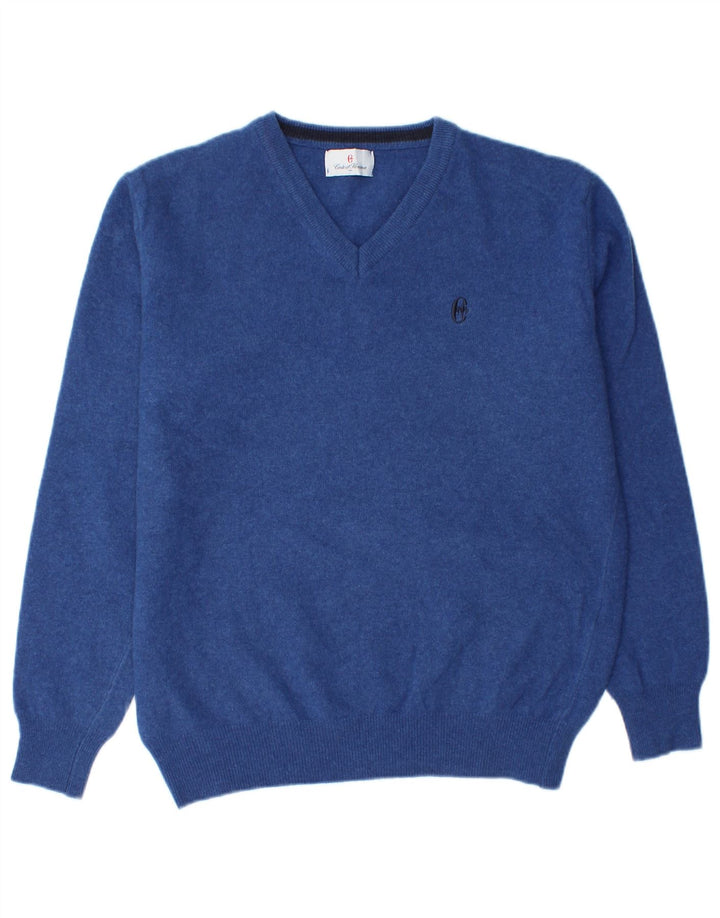 Suéter masculino Conte of Florence com decote em V azul médio