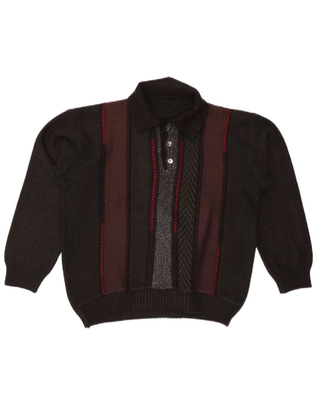 Suéter masculino vintage com gola polo e bloco colorido preto médio