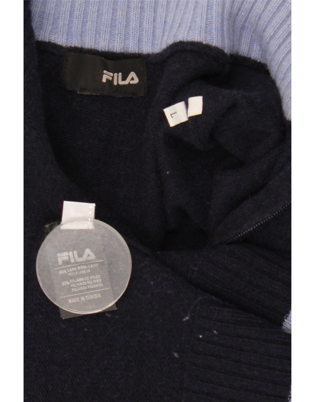 Suéter masculino Fila com zíper e gola grande de lã azul marinho