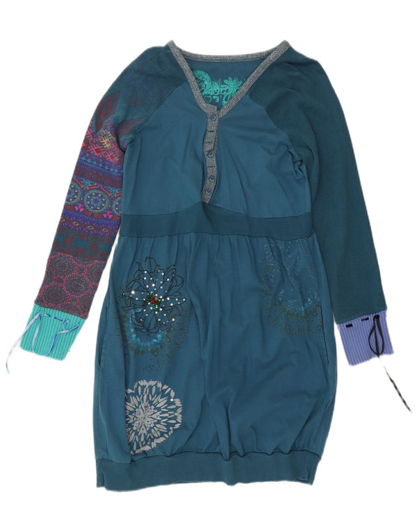 Desigual Vestido feminino estampado manga comprida jumper UK 20 2XL azul floral