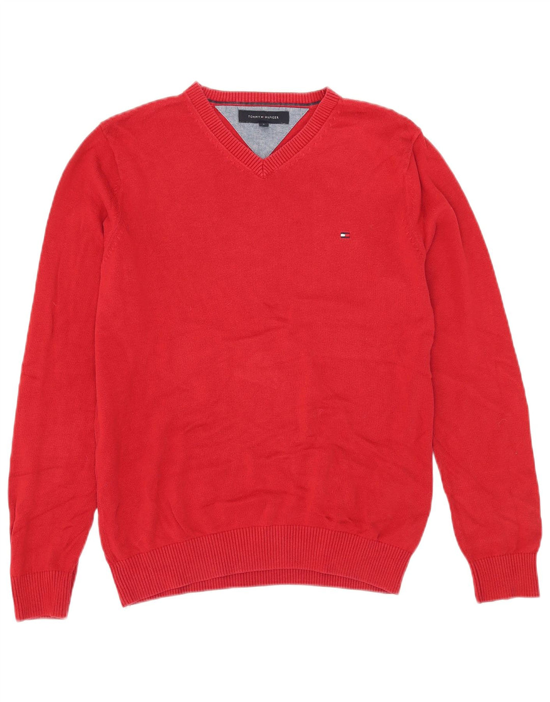 Suéter masculino Tommy Hilfiger com decote em V pequeno algodão vermelho