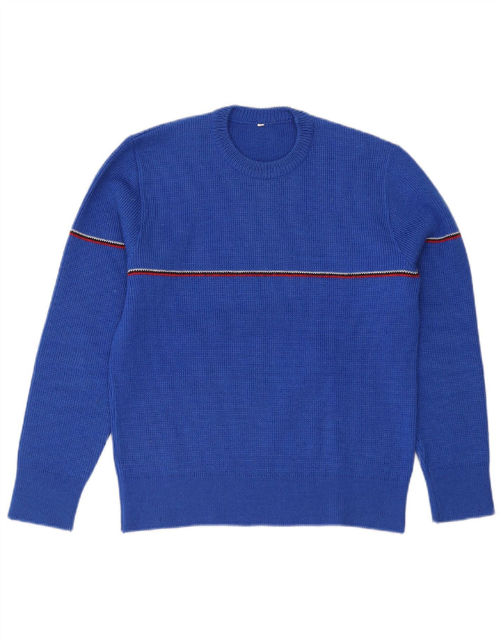 Suéter vintage masculino com gola redonda, lã listrada azul pequena