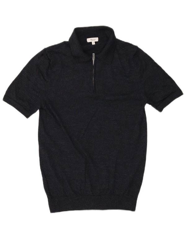 Suéter masculino Reiss de manga curta com gola polo, azul marinho médio manchado