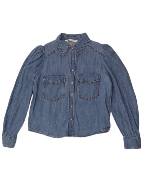 Camisa jeans feminina Zara Reino Unido 14 algodão azul médio