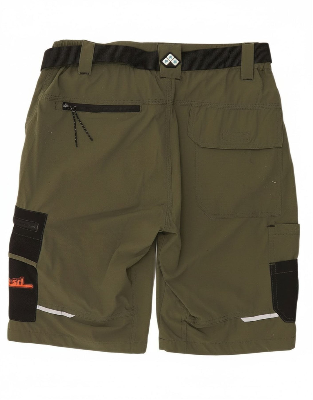 Shorts cargo masculino vintage gráfico grande W34 cáqui colorblock