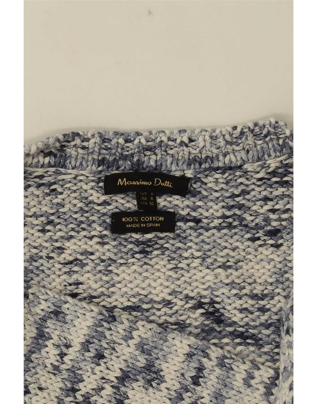 Suéter feminino Massimo Dutti com decote em V Reino Unido 10 pequeno azul manchado