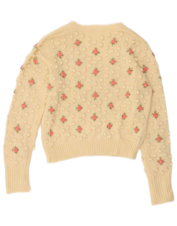 Suéter feminino vintage com decote em V UK 12 médio off white floral