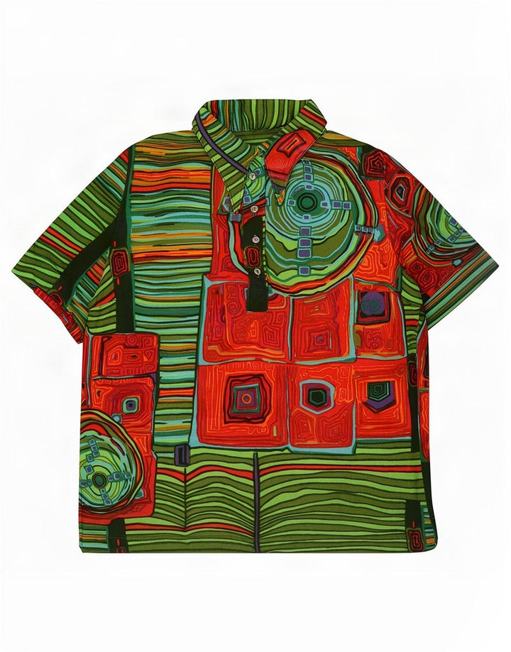 Camisa polo feminina vintage UK 14 média multicolorida geométrica