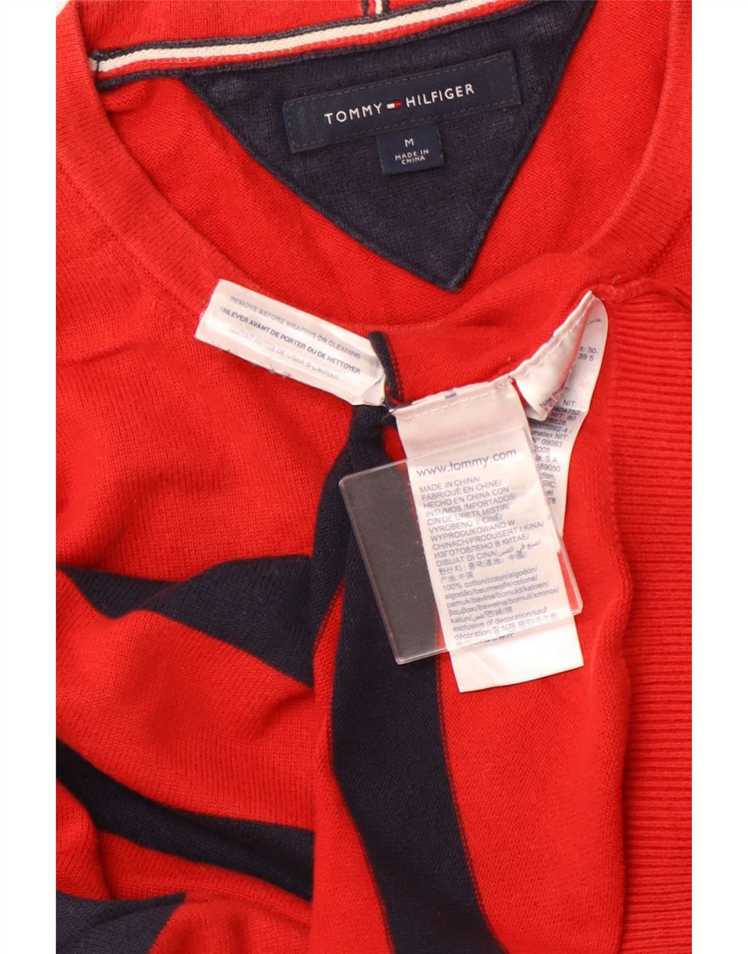 Suéter masculino TOMMY HILFIGER com gola redonda, algodão listrado vermelho médio