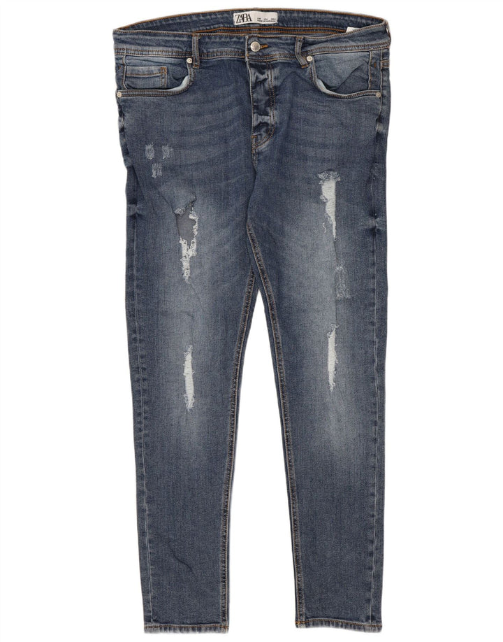 Zara Jeans femininos desgastados slim W36 L28 azul poliéster