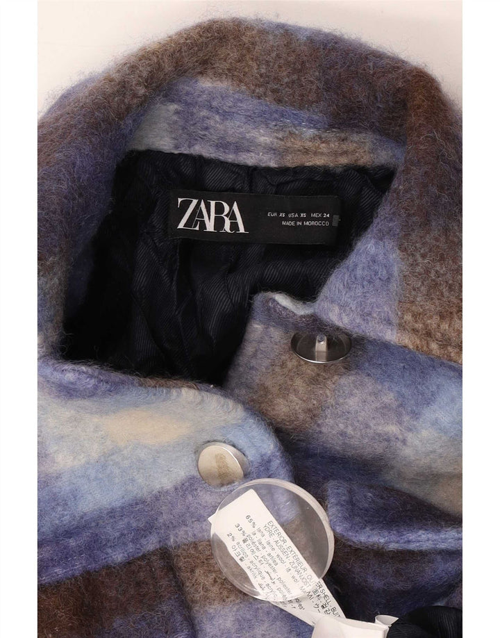 Zara Womens Oversized Shacket Jacket UK 6 XS Lã Xadrez Azul