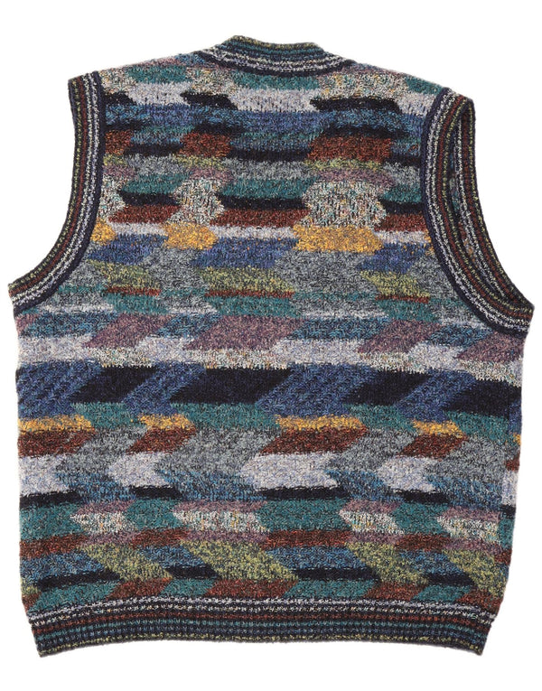 Suéter cardigã masculino vintage sem mangas XL lã geométrica multicolorida