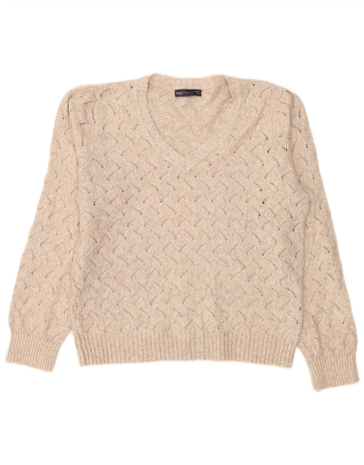 Suéter feminino Marks & Spencer grande com decote em V Reino Unido 14 médio bege