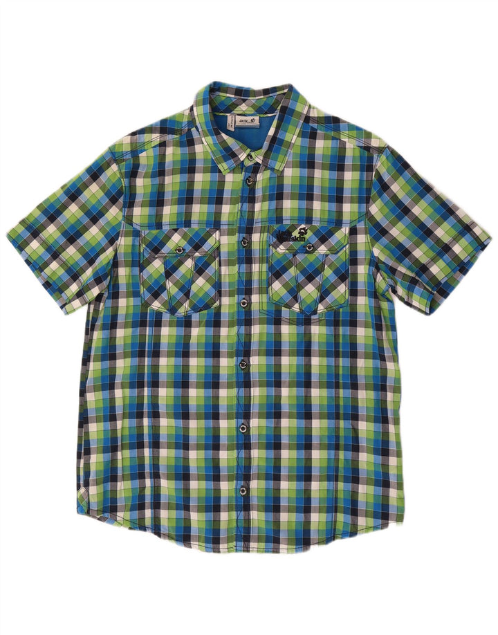 Camisa masculina de manga curta JACK WOLFSKIN Reino Unido 40/42 grande algodão xadrez azul