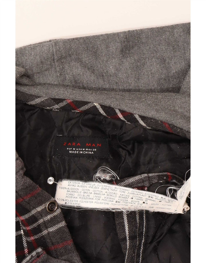 Camisa masculina de flanela com capuz e flanela Zara, algodão xadrez cinza médio