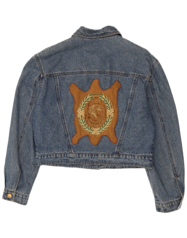 Jaqueta jeans feminina Roccobarocco com corte gráfico Reino Unido 14 bloco colorido azul médio