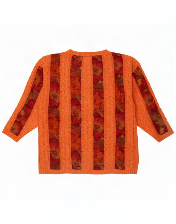 Suéter feminino vintage com gola canoa Reino Unido 14 algodão floral laranja médio