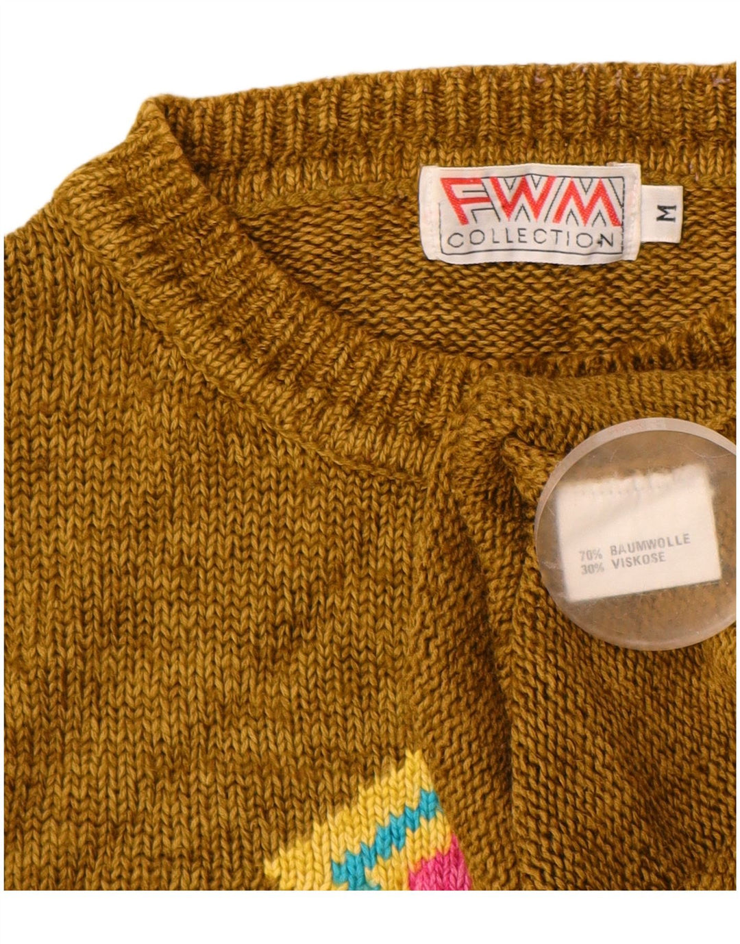 Suéter feminino VINTAGE com gola redonda Reino Unido 14 médio cáqui Argyle/Diamante