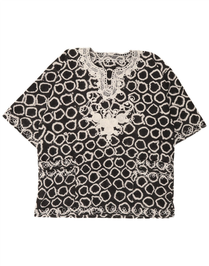 Blusa feminina VINTAGE com estampa abstrata grande tamanho UK 18 XL preta