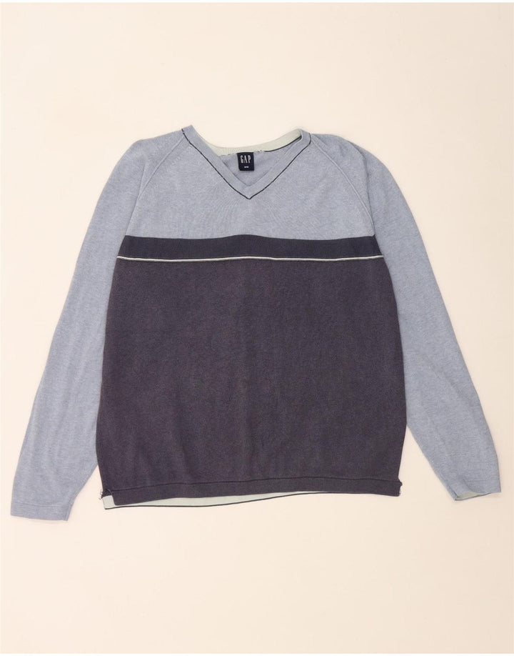 Suéter masculino Gap com decote em V e algodão colorblock azul médio