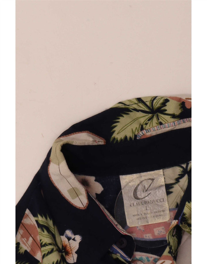 Camisa masculina vintage abstrata de manga curta grande rayon azul marinho