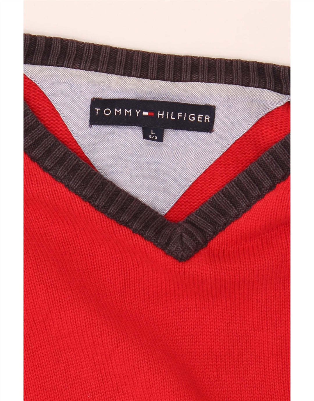 TOMMY HILFIGER Mens V-Neck Jumper Sweater Large Red Cotton Vintage Tommy Hilfiger and Second-Hand Tommy Hilfiger from Messina Hembry 