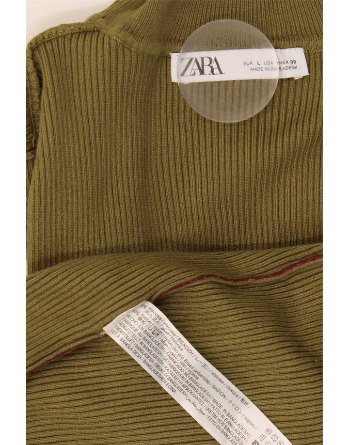 Top feminino Zara de manga comprida UK 14 grande viscose cáqui