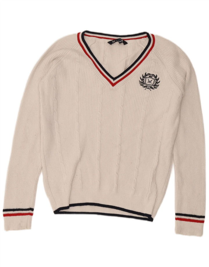 Crew Clothing Suéter masculino com decote em V, algodão branco médio