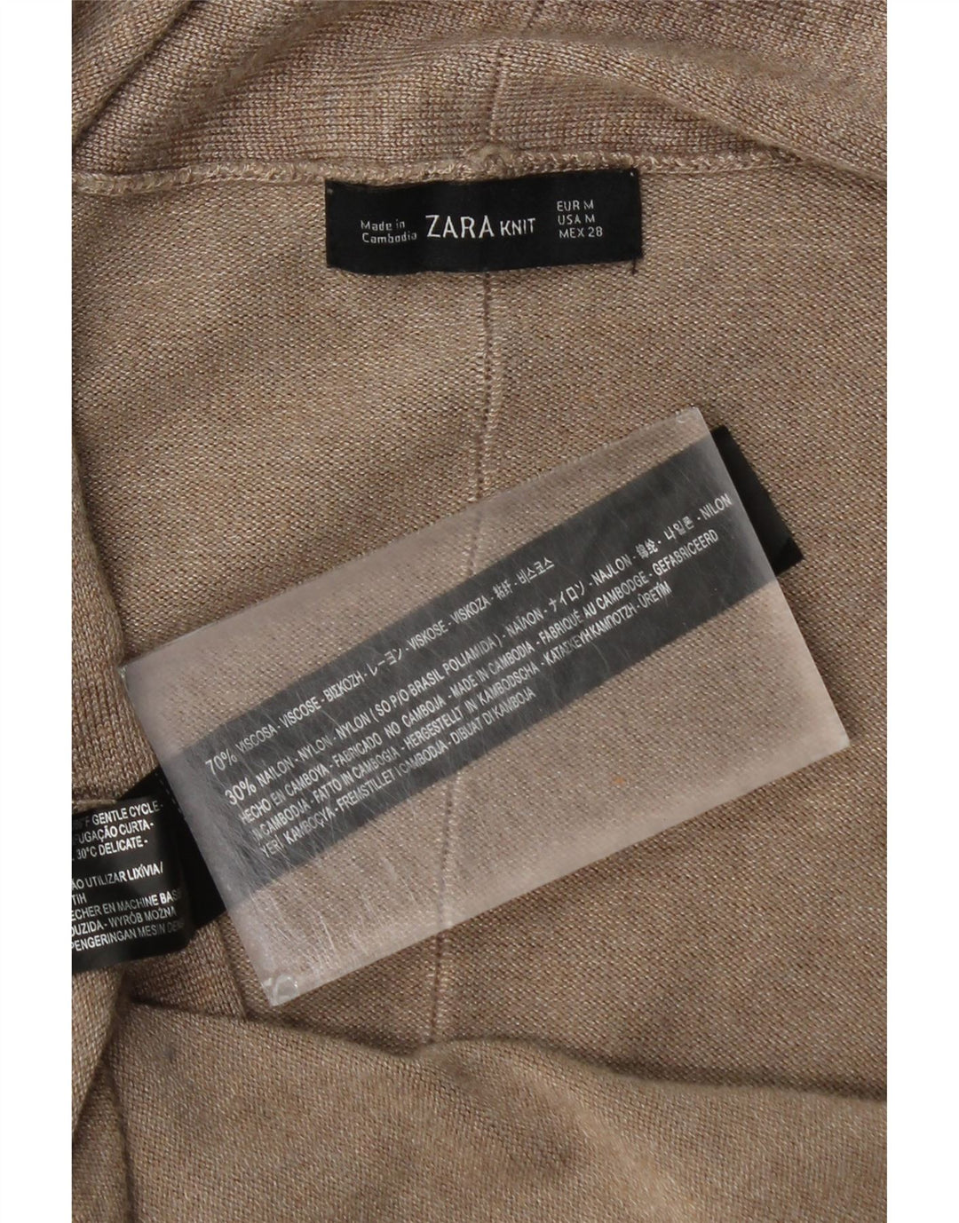Suéter cardigã aberto com palangre feminino Zara Reino Unido 12 viscose bege médio