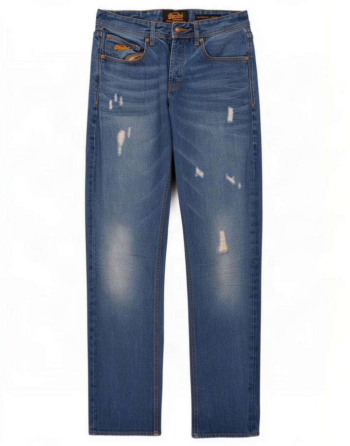 Calça jeans masculina Superdry Copperfill desgastada solta W32 L32 algodão azul