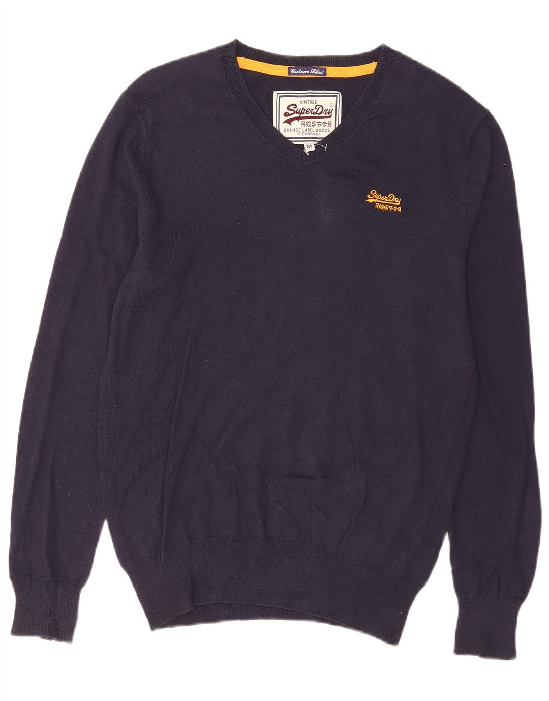 Suéter masculino Superdry com decote em V, algodão azul marinho médio