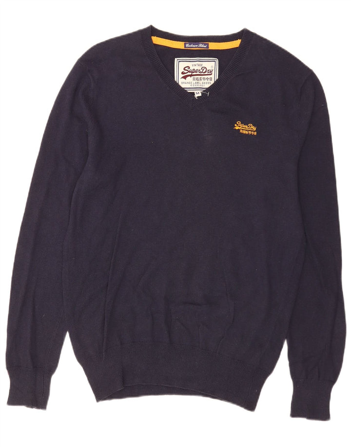 Suéter masculino Superdry com decote em V, algodão azul marinho médio