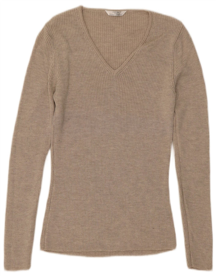 Suéter Marks & Spencer feminino St. Michael com decote em V Reino Unido 8 pequeno bege